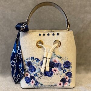 Nanette Lepore Floral Bucket Bag with Scarf Accent – Cream & Blue 💙🌸